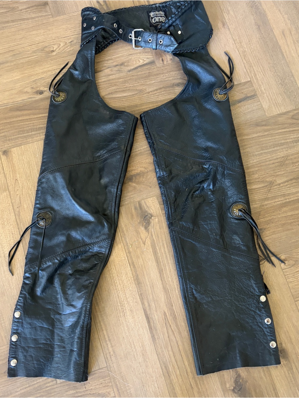 Highway One XS leather chaps black biker or western Pants w/ metal fringe detail